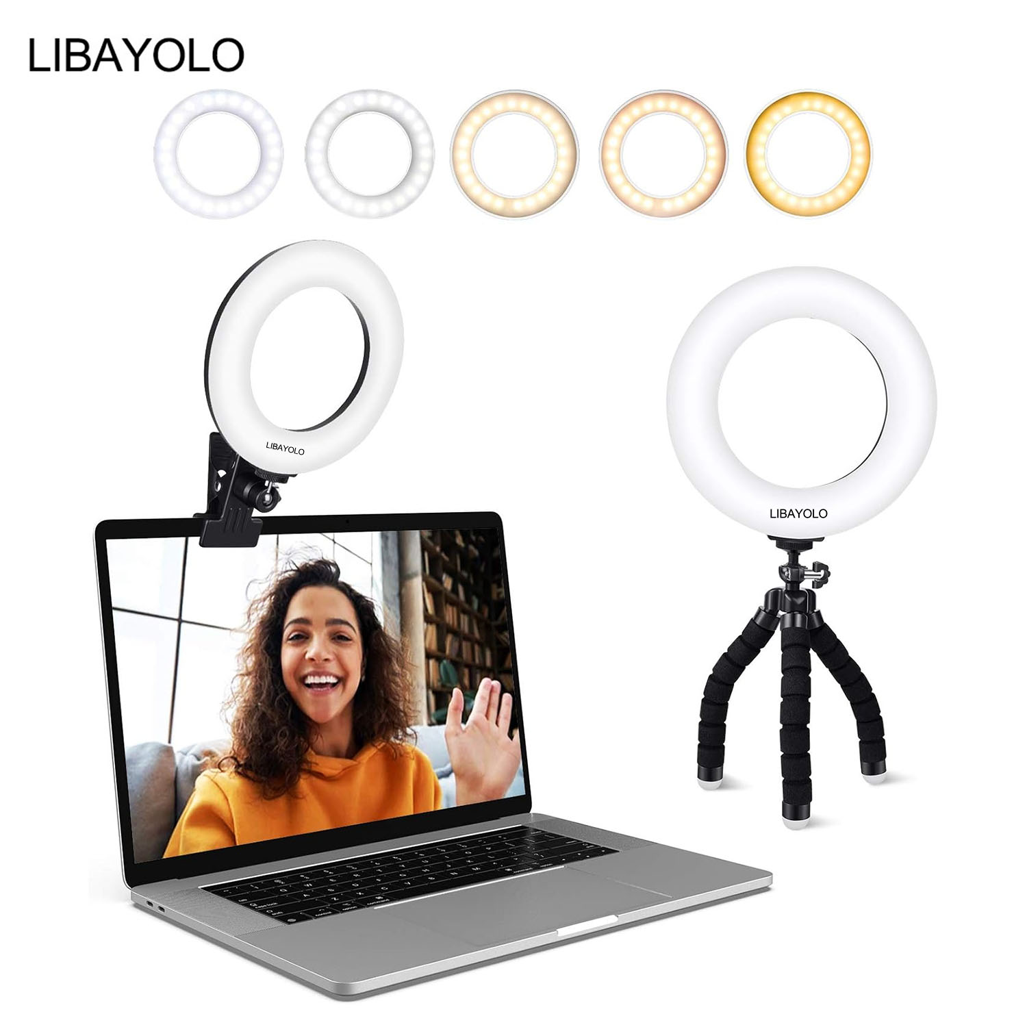 LIBAYOLO Video Conference Lighting Kit, Ring Light Clip on Laptop Monitor with 5 Dimmable Color & 5
